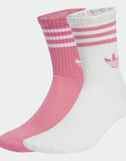 adidas Originals – 2 Paar glitzernde Crew-Socken in Rosa und Weiß mit 3 Streifen
