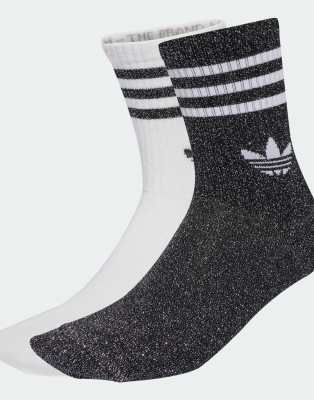 adidas Originals - 2 Paar glitzernde Crew-Socken in Schwarz und Weiß mit den 3 Streifen