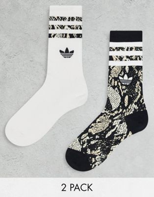 adidas Originals 2 pack animal print crew socks in black and white