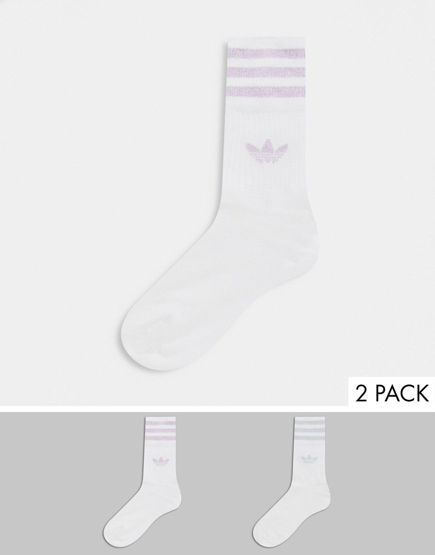Adidas Originals 2 pack mid cut socks in white with glitter