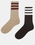 [adidas Originals] adidas Originals 2 pack of ribbed crew socks in brown 40-42 trace khaki/dark brown