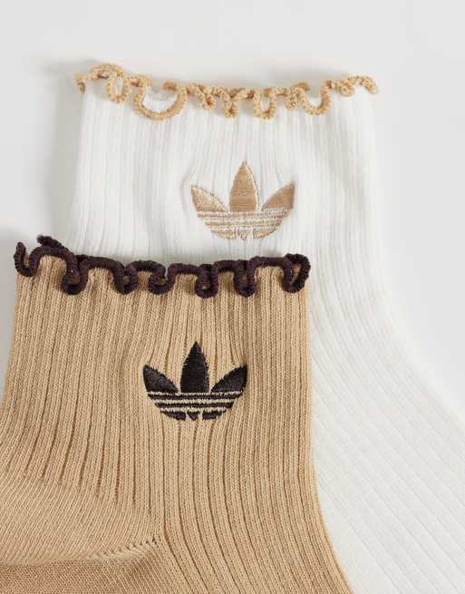 adidas Originals 2 pack ruffle ankle socks in brown, 2 of 3