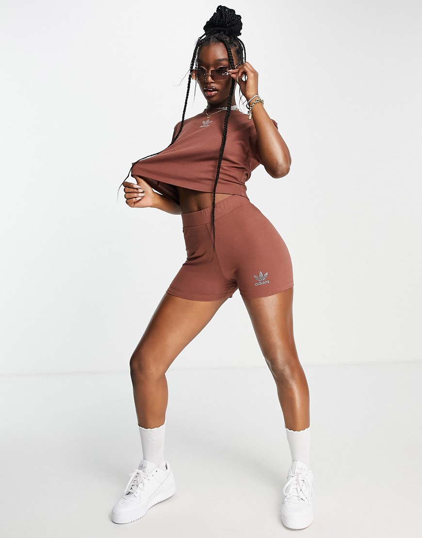Adidas Originals '2000s Luxe' booty short in brown with rhinestone logo