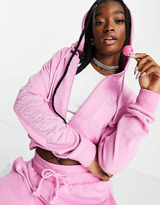 adidas Originals '2000s Luxe' cropped zip through hoodie in pink with diamante logo