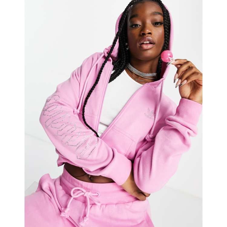 adidas Originals '2000s Luxe' cropped zip through hoody in pink
