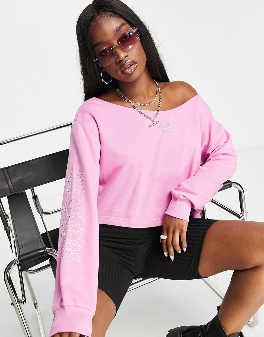 Adidas Originals - '2000s Luxe' - Ruimvallend cropped sweatshirt van velour met diamanten logo in roze