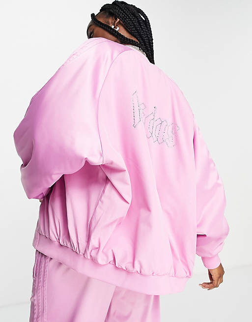  adidas Originals '2000s Luxe' satin bomber jacket in pink with diamante 