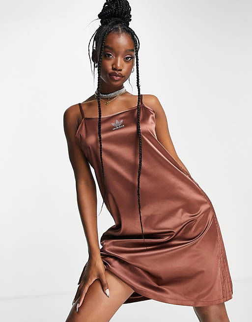 adidas Originals '2000s Luxe' satin dress in brown with diamante logo