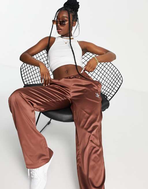 adidas Originals '2000s Luxe' satin wide leg pants in brown with