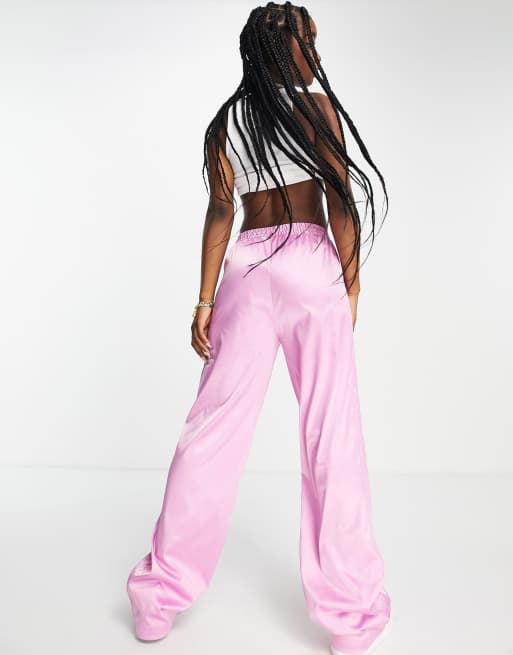 adidas Originals 's Luxe' satin wide leg pants in pink with rhinestone  logo