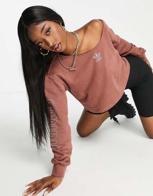 adidas Originals 2000s Luxe velour slouchy cropped sweatshirt in brown with diamante logo