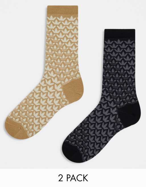 adidas Originals – 2er-Pack Socken in Schwarz und Sand mit Dreiblatt-Muster