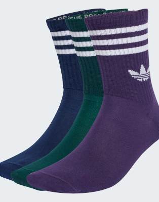 adidas Originals - 3 Paar Crew-Socken in Night Indigo/Aurora Ivy/Au mit 3 Streifen-Lila