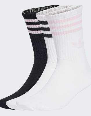 adidas Originals - 3 Paar Crew-Socken in Weiß/Schwarz/klares Rosa mit den 3 Streifen