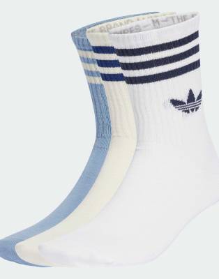 adidas Originals - 3 Paar Crew-Socken in Weiß / Tactile Blue / Cream mit den 3 Streifen