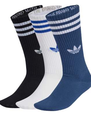 adidas Originals - 3 Paar hohe Crew-Socken in Weiß / Night Marine / Schwarz mit den 3 Streifen
