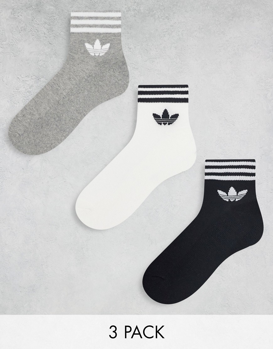 adidas Originals 3-pack ankle sock in white, grey and black-Multi