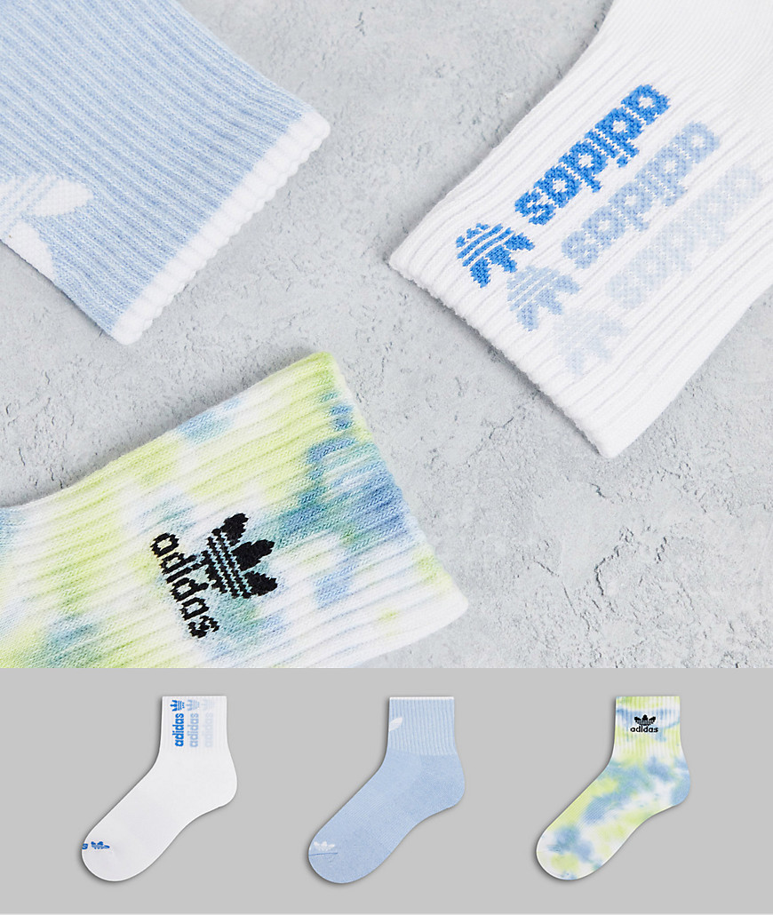 Adidas Originals 3 pack color wash quarter socks in blue-Blues