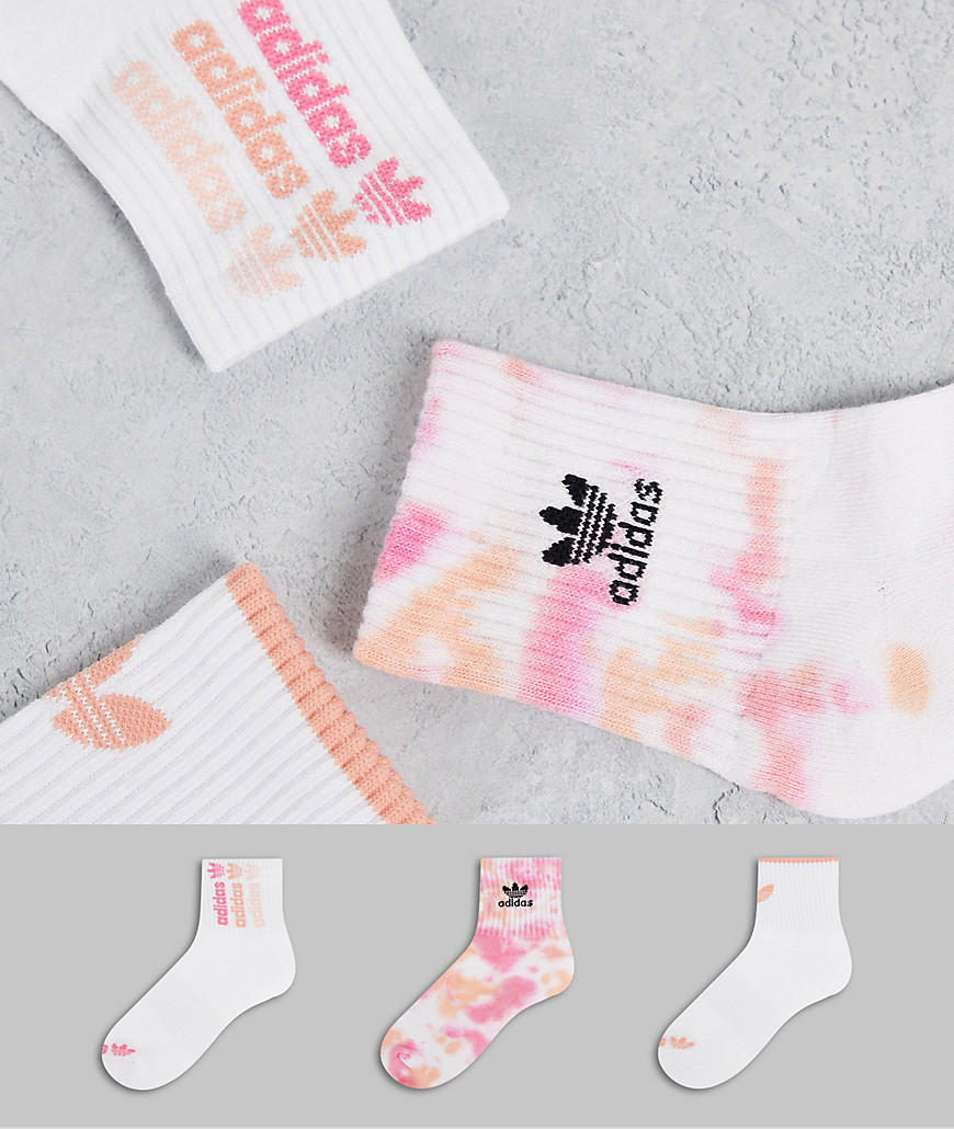 Adidas Originals 3 pack color wash quarter socks in pink