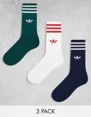 adidas Originals 3 pack crew socks in navy/white/collegiate green