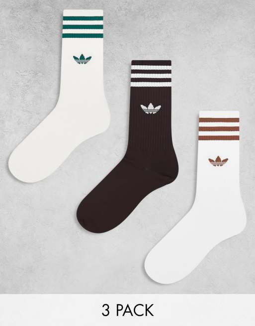 adidas Originals 3 pack crew socks in white/shadow brown