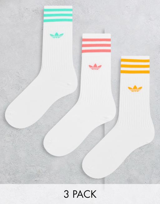 adidas Originals 3 pack crew socks in white with coloured three stripes