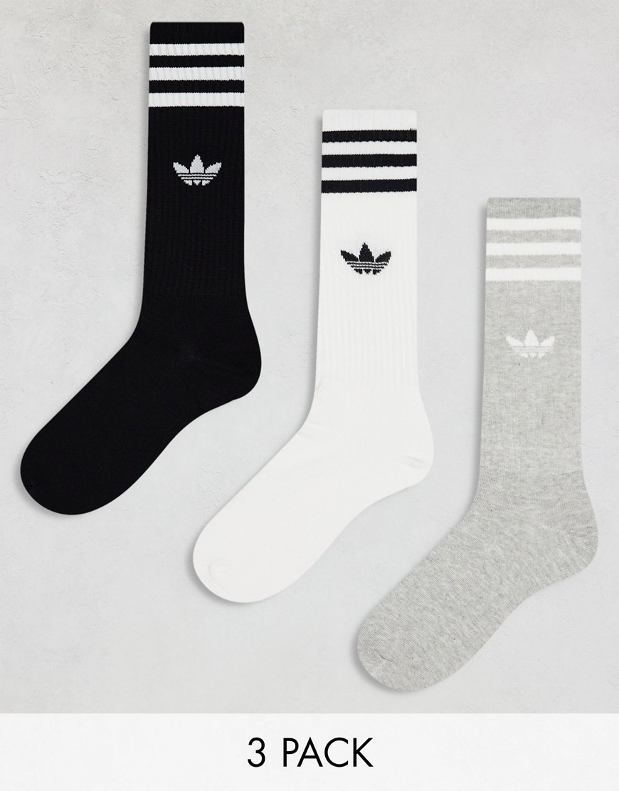 adidas Originals 3-pack high sock in white, grey and black-Multi