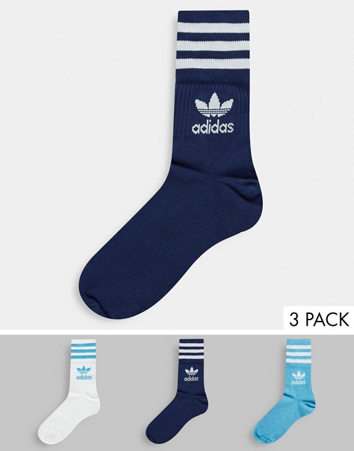 adidas Originals 3 pack mid crew socks in blue