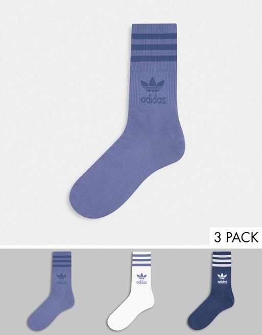 adidas Originals 3 pack mid cut crew socks in blue