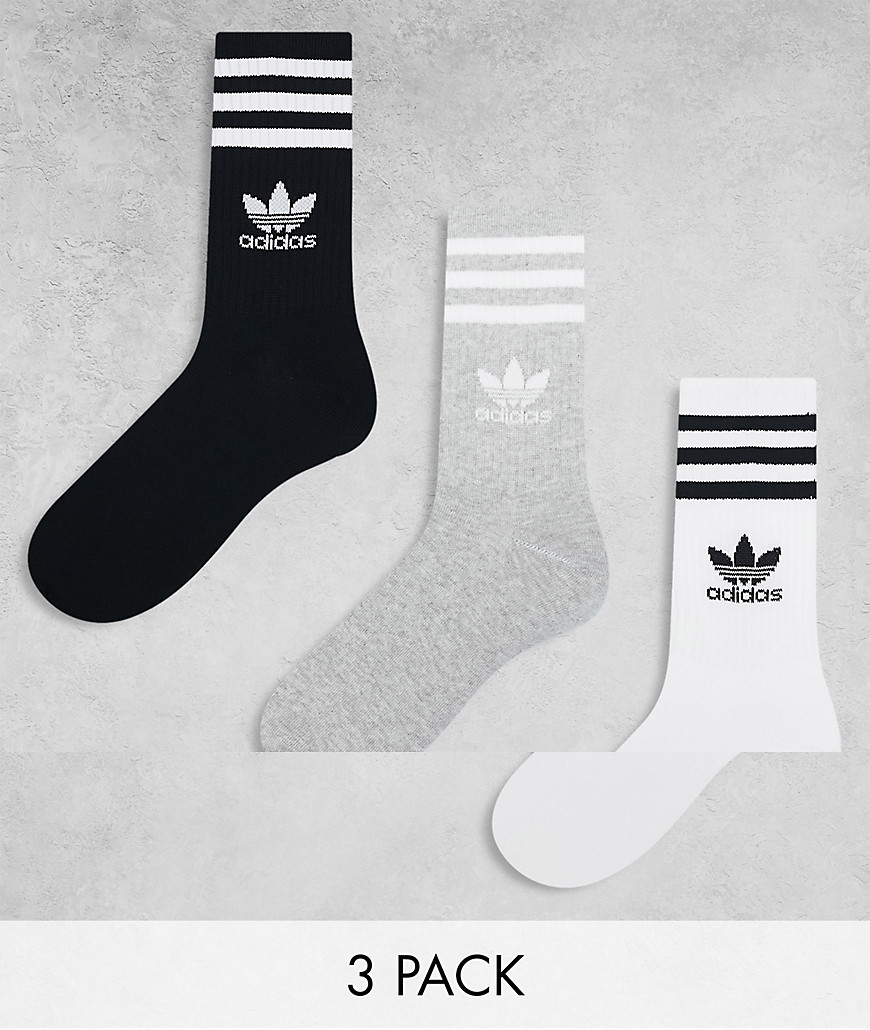 adidas Originals 3 pack mid cut crew socks in white/grey/black-Multi