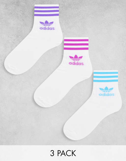 adidas Originals 3 pack mid cut socks in white with coloured three ...