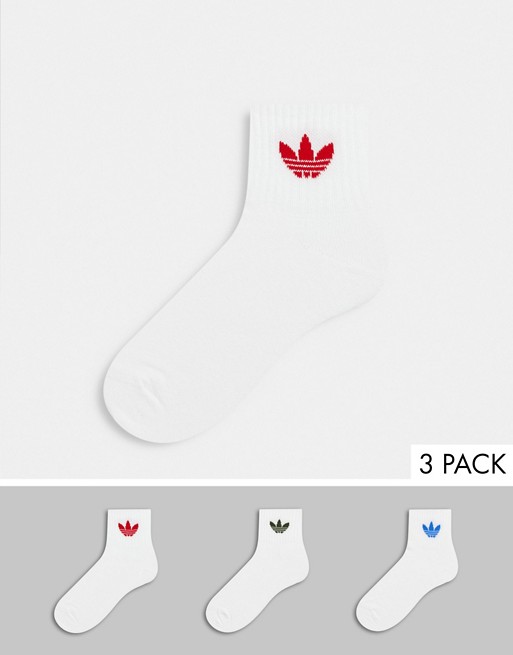 adidas Originals 3 pack mid length ribbed socks in white with coloured branding