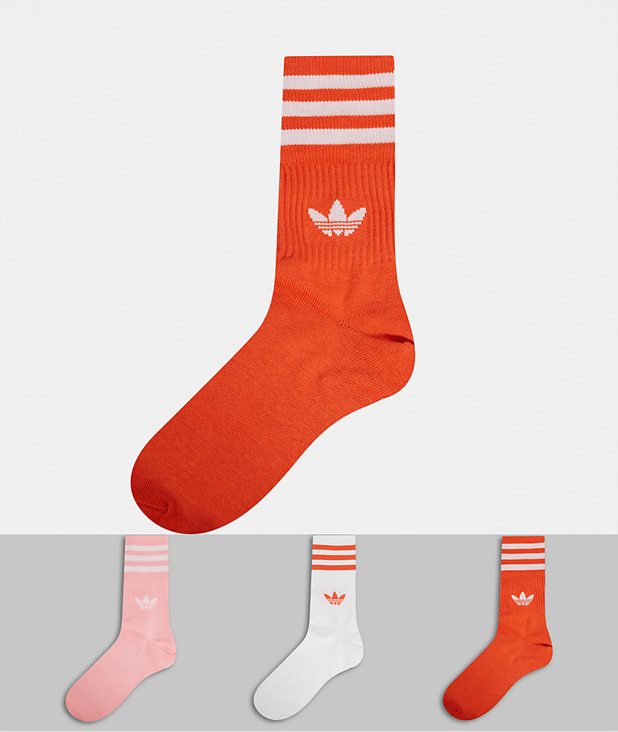 Adidas Originals 3 pack quarter socks in white and orange