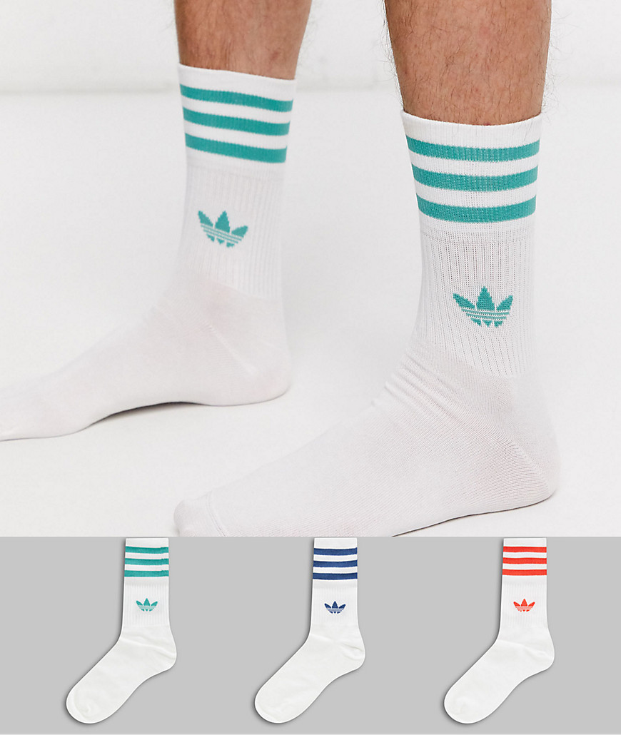 adidas Originals 3 pack quarter socks in white with multi stripes-Blue
