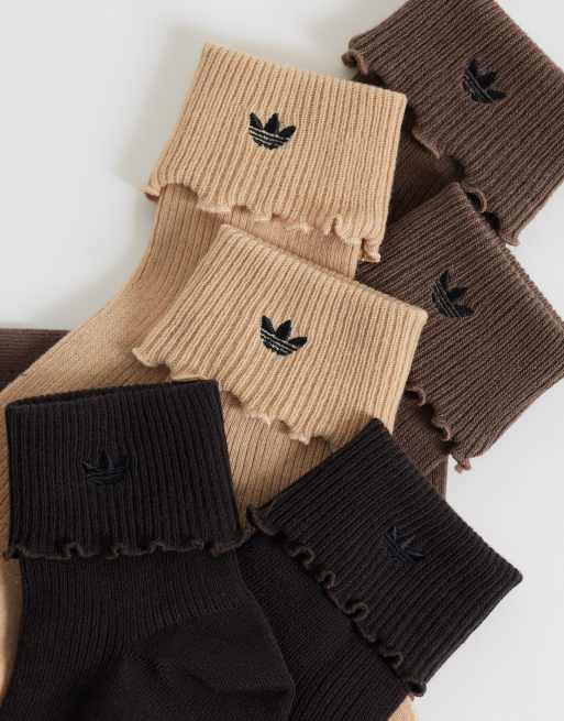 adidas Originals 3-pack ruffle fold-over socks in brown, 2 of 3