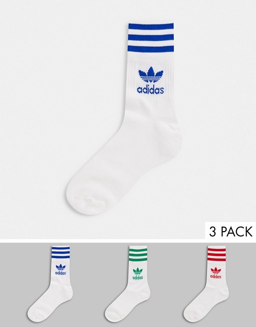 adidas Originals adicolor 3 pack socks in white with multi three stripes