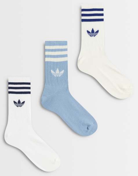 adidas Originals 3 pack three stripe crew socks in white and light blue - view 1