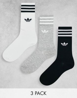 adidas Originals 3 pack trefoil crew socks in black and grey