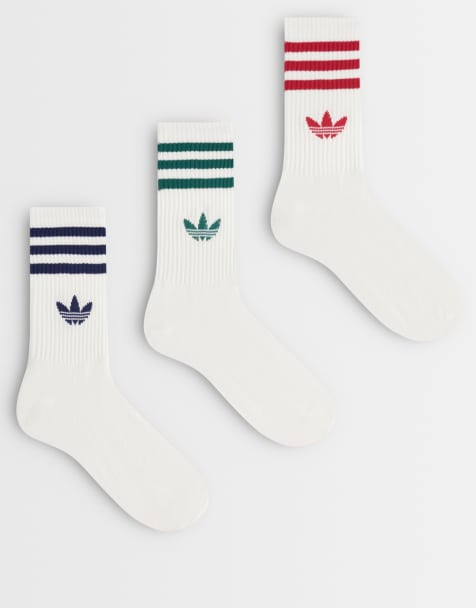 adidas Originals 3-pak crew-sokker med tre striber i hvid og rød/navy/grøn - view 1