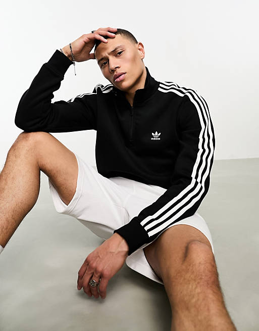 adidas Originals 3 Stripe 1/4 zip sweatshirt in black | ASOS