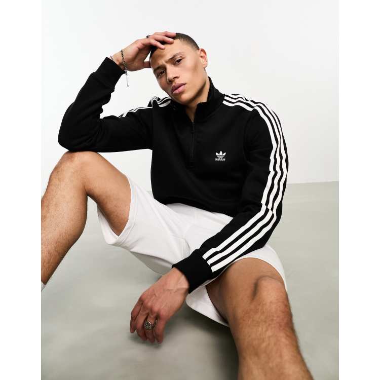 adidas Originals 3 Stripe 1 4 zip sweatshirt in black