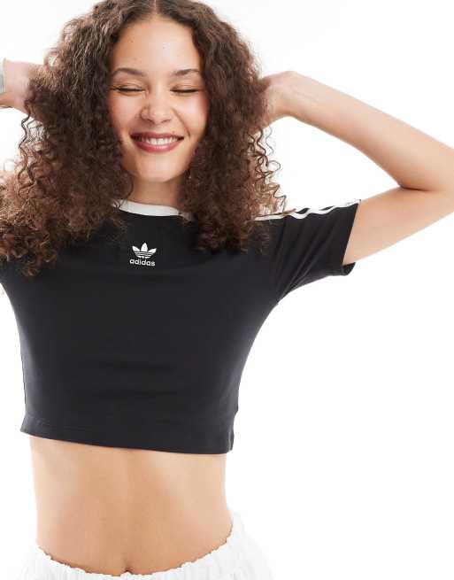 adidas Originals 3 stripe baby cropped t-shirt in black | ASOS