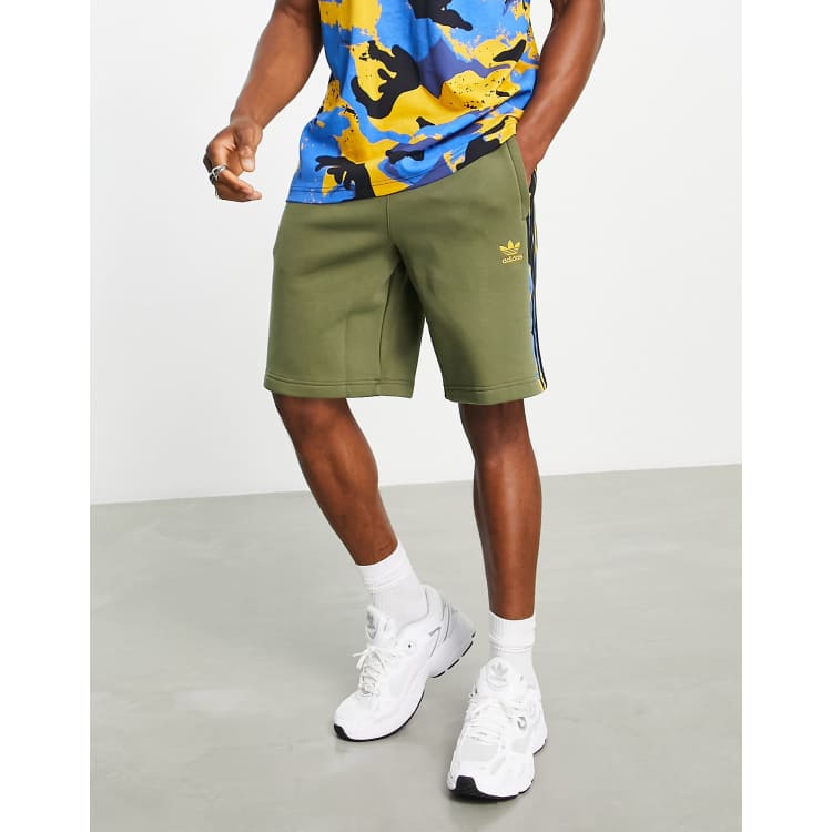 adidas Originals 3 stripe camo trefoil logo shorts in khaki | ASOS