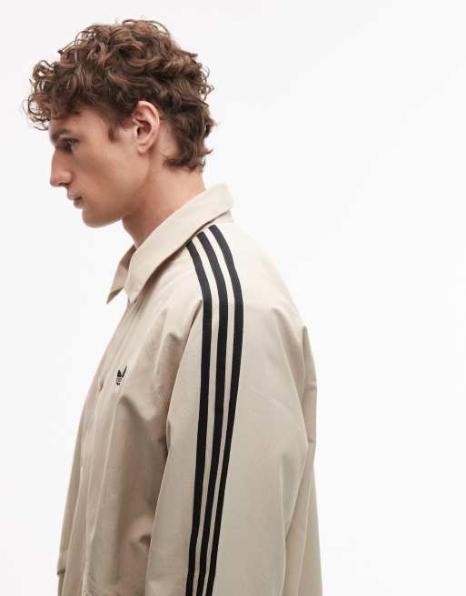 adidas Originals 3 stripe coach jacket in stone | ASOS