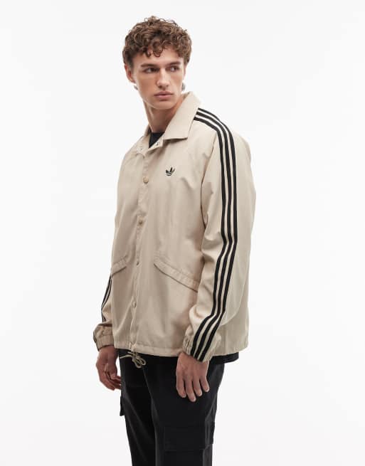 adidas Originals 3 stripe coach jacket in stone | ASOS