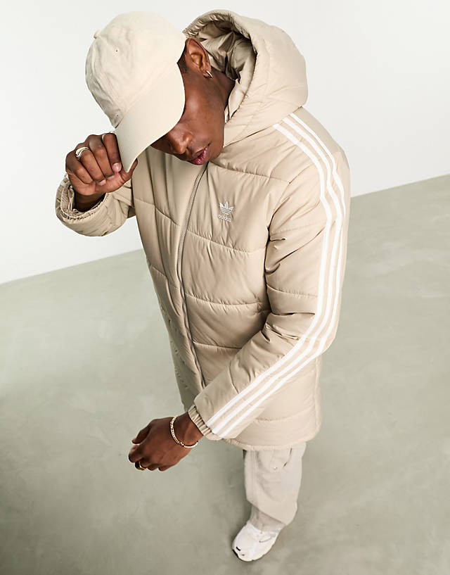 adidas Originals - 3 stripe hooded long puffer jacket in beige