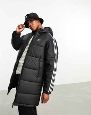 adidas Originals 3 stripe hooded long puffer jacket in black