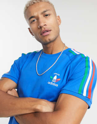 adidas originals 3 stripe italia t shirt blue