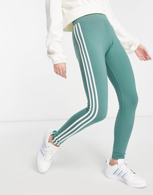 Adidas Womens Teal Green With Yellow 3-Striped Leggings Small