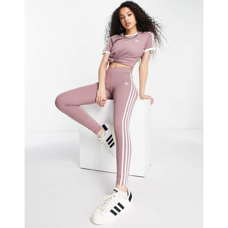 adidas Originals 3 stripe leggings in mauve